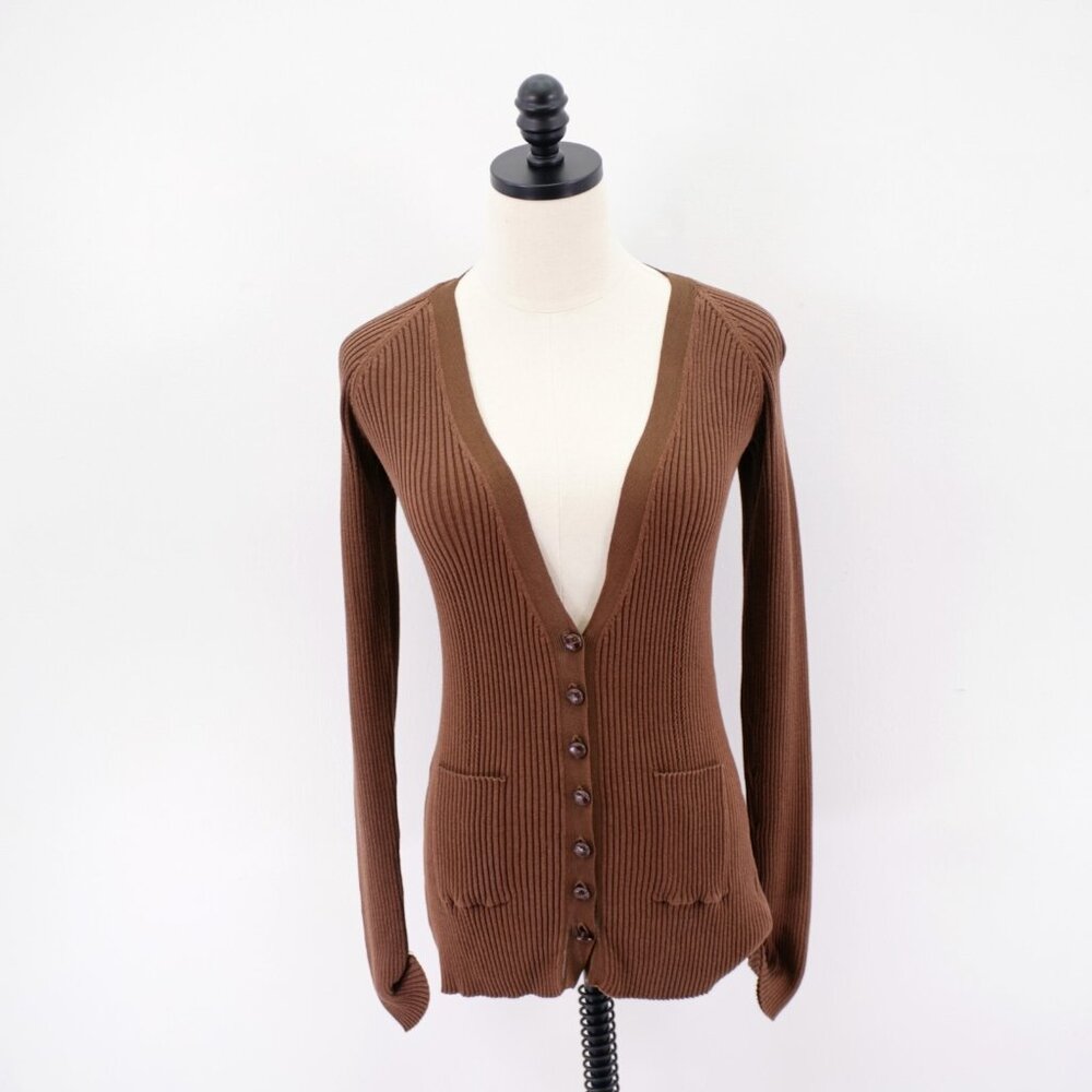 Bebe Brown Plunging V-Neck Leather Button Cardigan Sweater Ribbed Cotton Small‎
